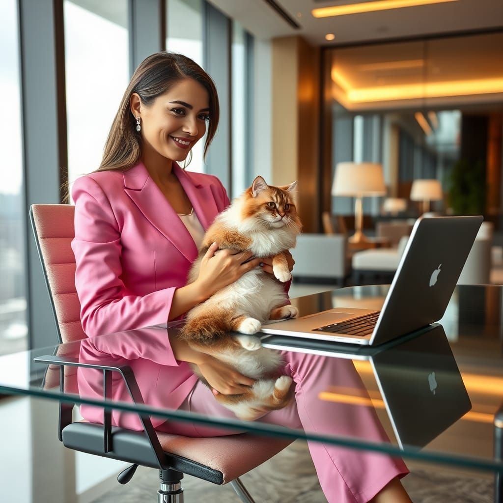 Businesswoman with Cat in Modern Office