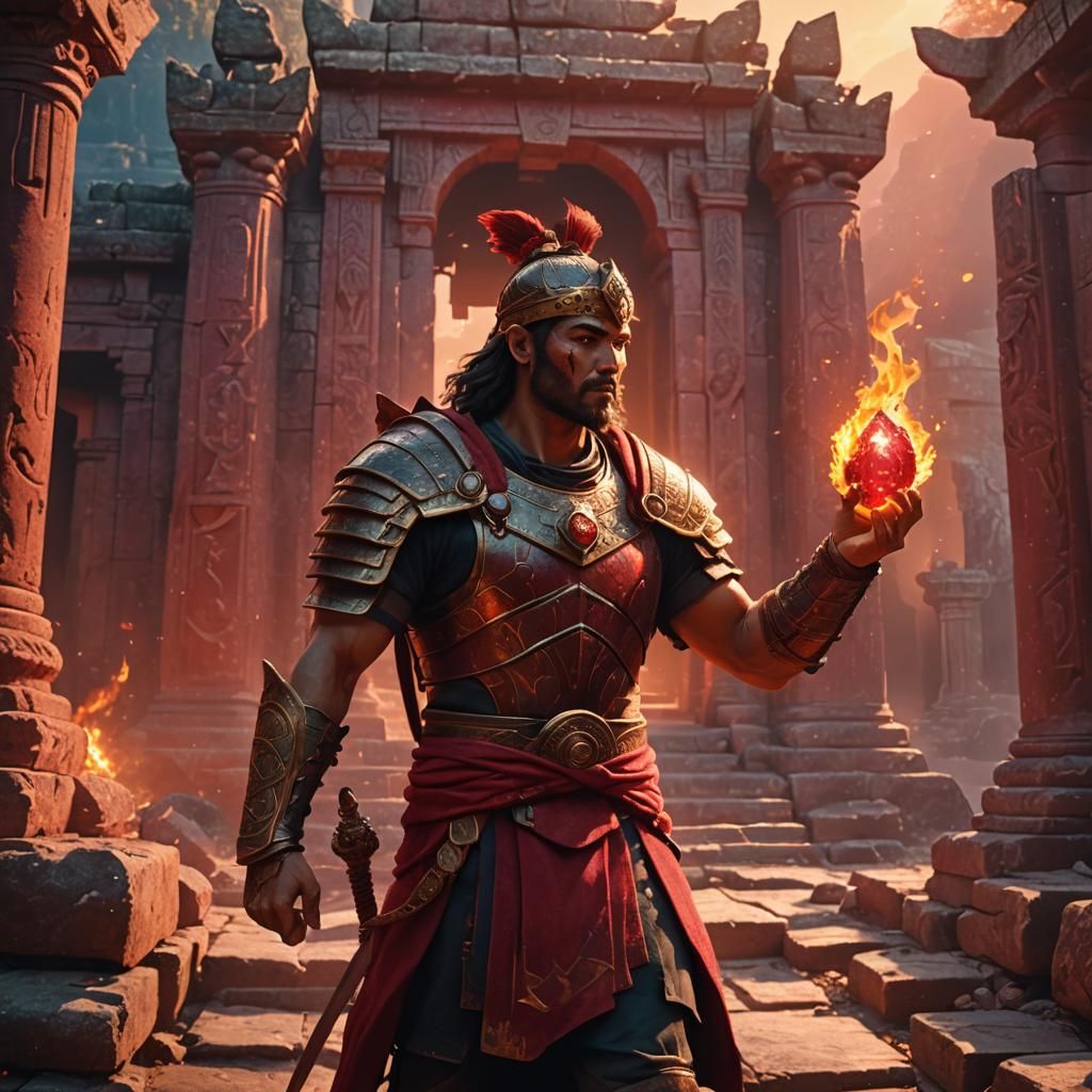 Warrior in Ancient Temple Holds Ruby of Fire