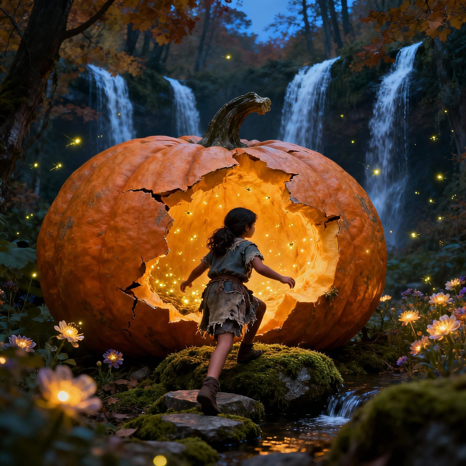Fantasy Autumn Scene: Girl Climbing Pumpkin Innards
