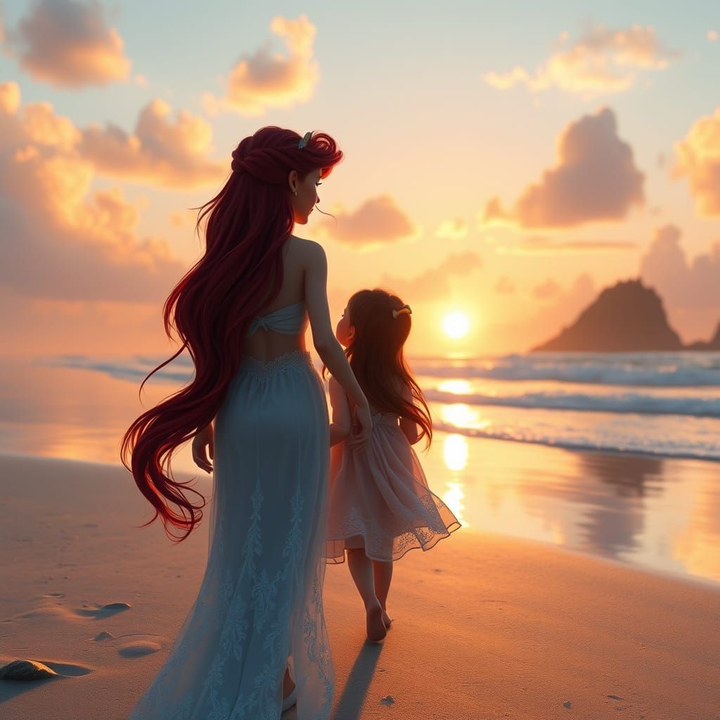 Ariel, Eric, and Daughter on the Beach in Watercolor Style