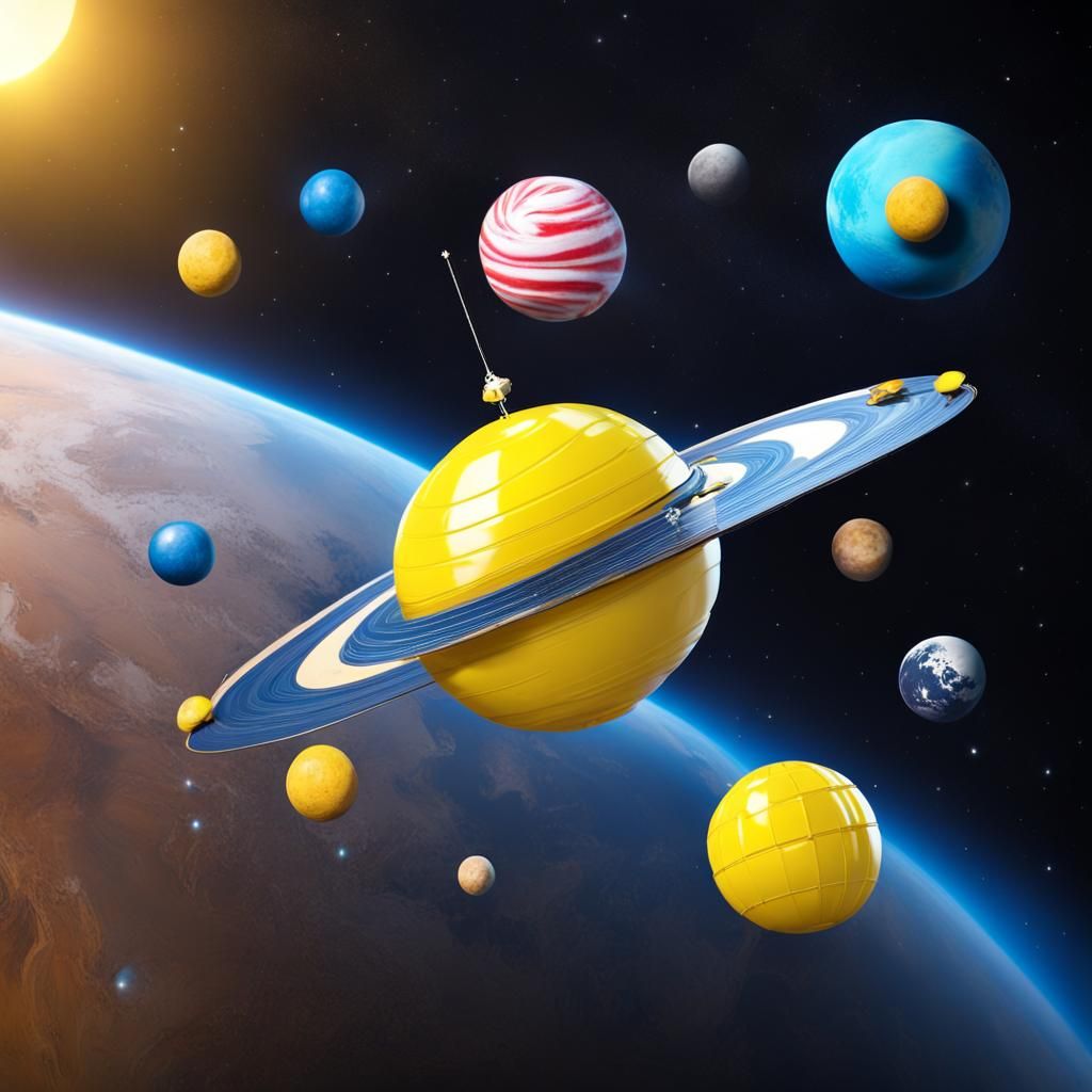 Candy Spacecraft Among Stars and Planets