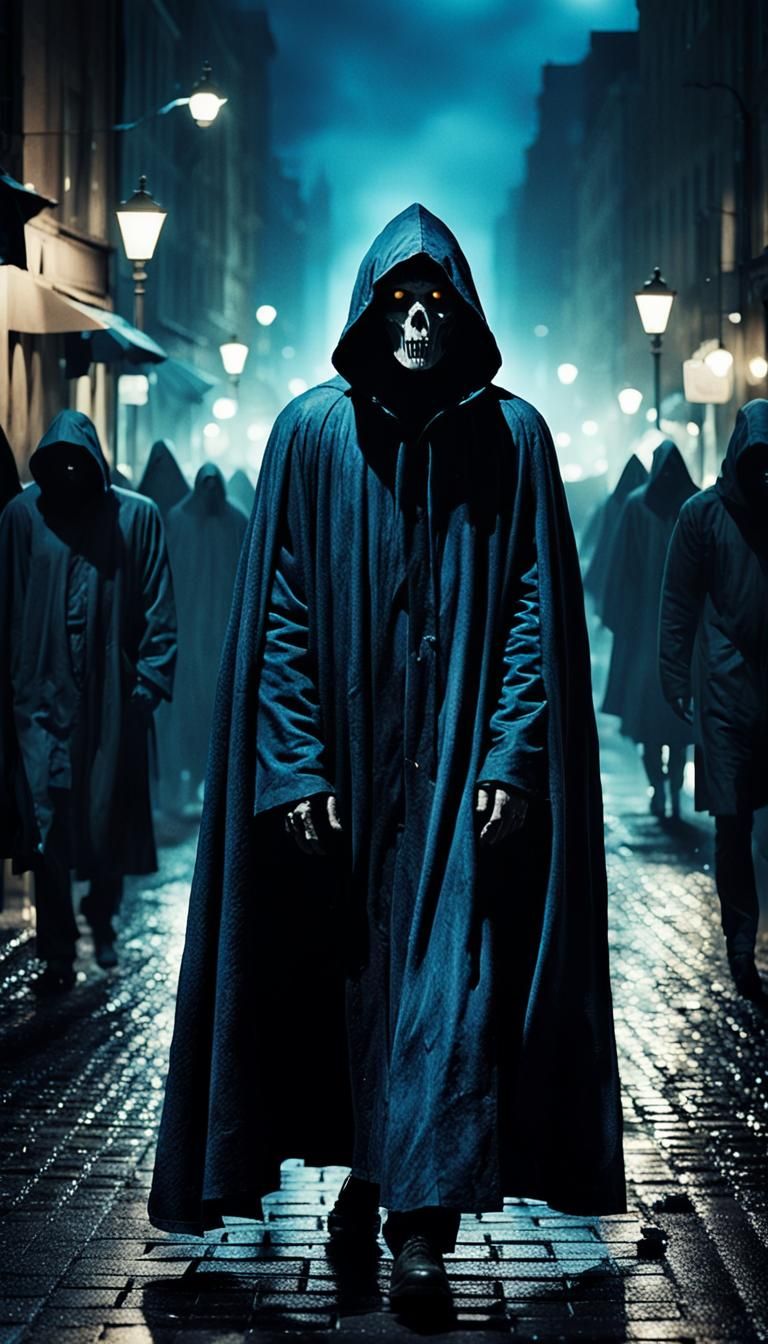 Dark Surrealism: Death Figure in Dimly Lit City