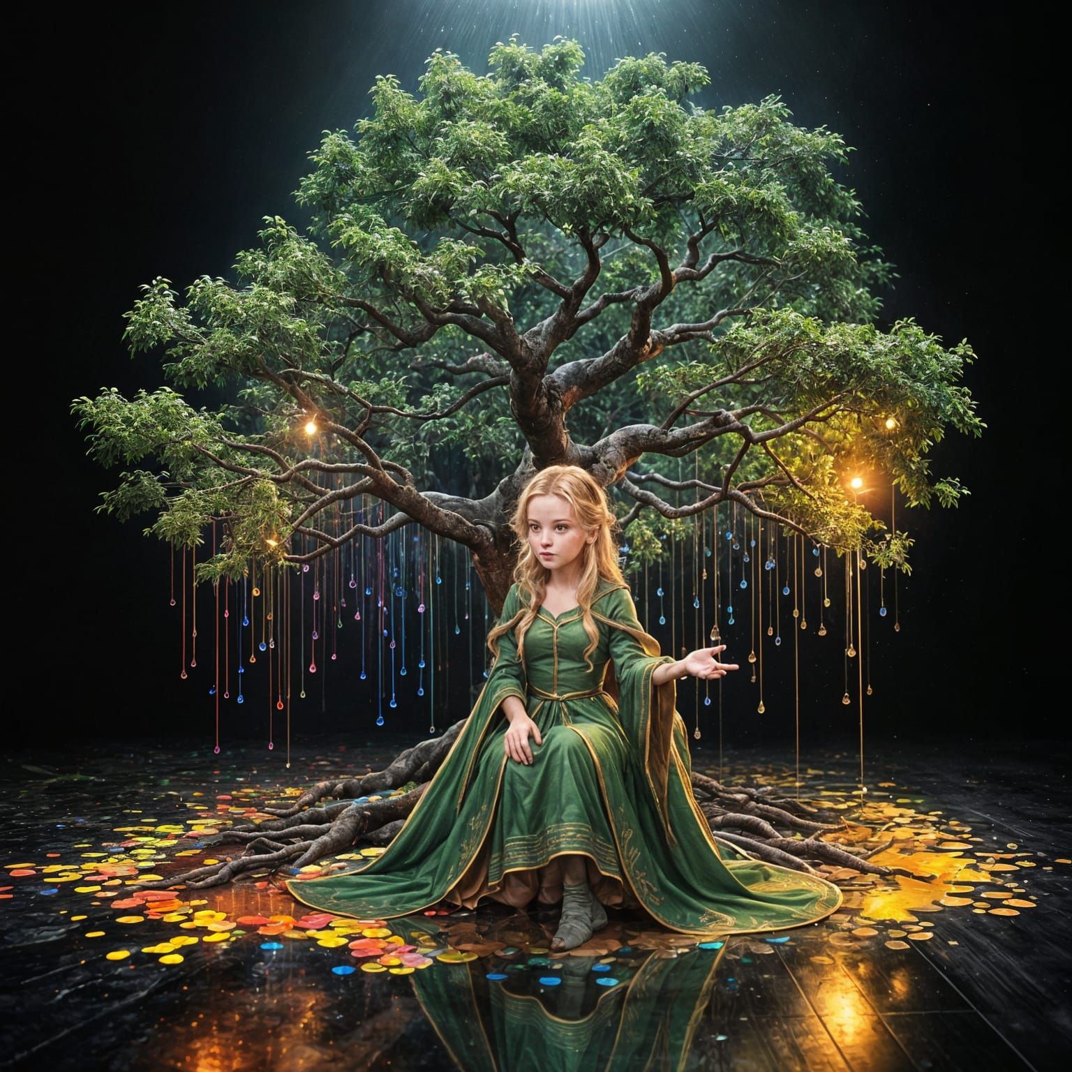 Hyperrealistic Light Emitting Tree in Dark Studio