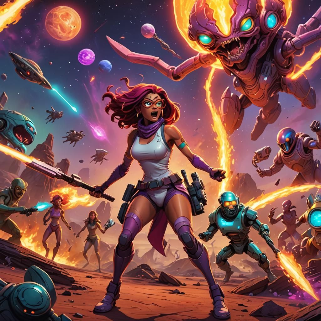 "the famous mutant fictive charachter Leela from ( Futurama ) and Zoidberg Battling Alien Monsters": Illustrate an actio...