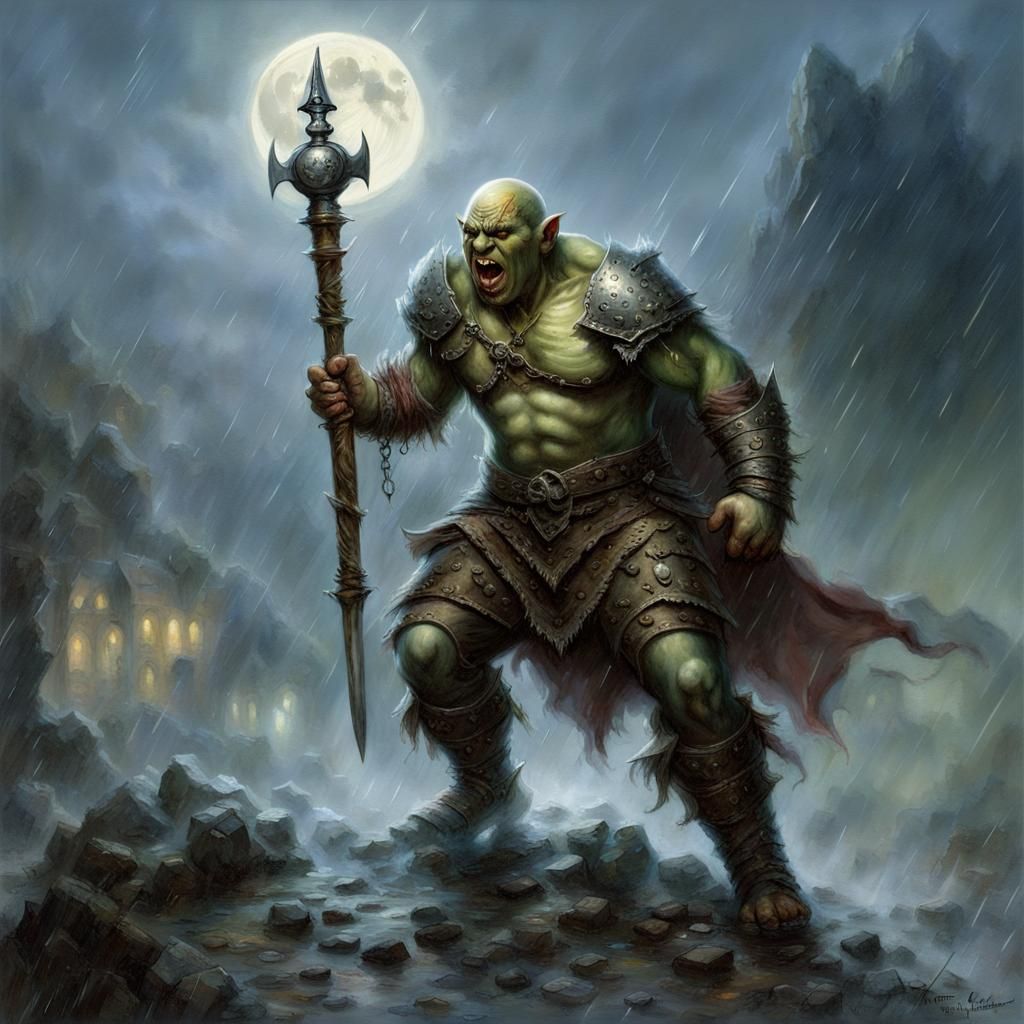 Furious Bald Orc with Mace in Rainy Moonlight