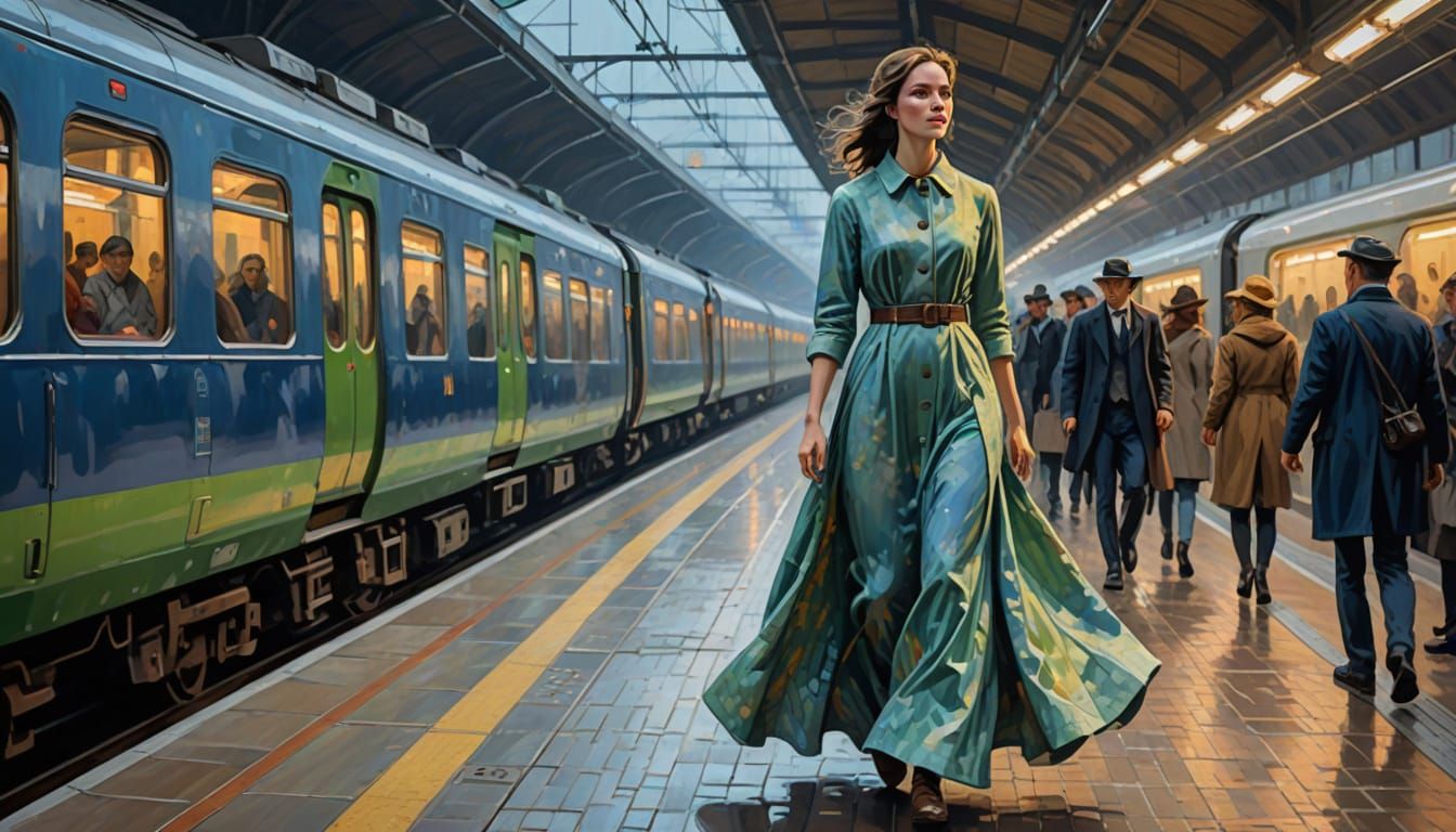 Impressionistic Painting of Woman in Train Station