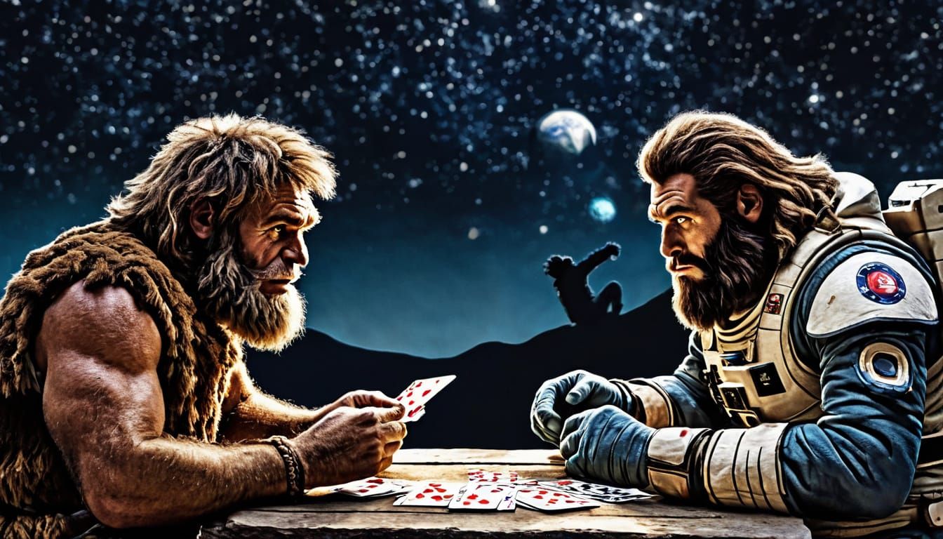 Caveman and Spaceman Play Cards in Humorous Scene