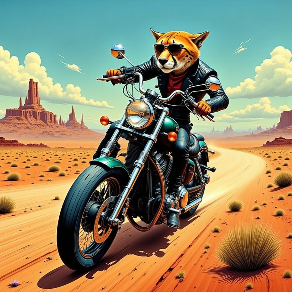 Cheetah Rides Motorcycle in Futuristic Desert Landscape