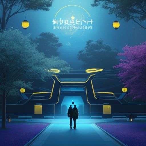 Futuristic Park with Lanterns and Starlings: Digital Art