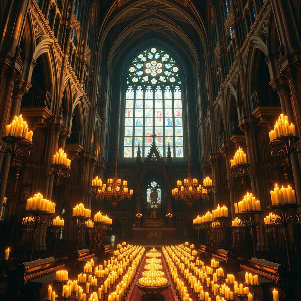 Majestic Gothic Cathedral Interior with Kaleidoscopic Hues a...