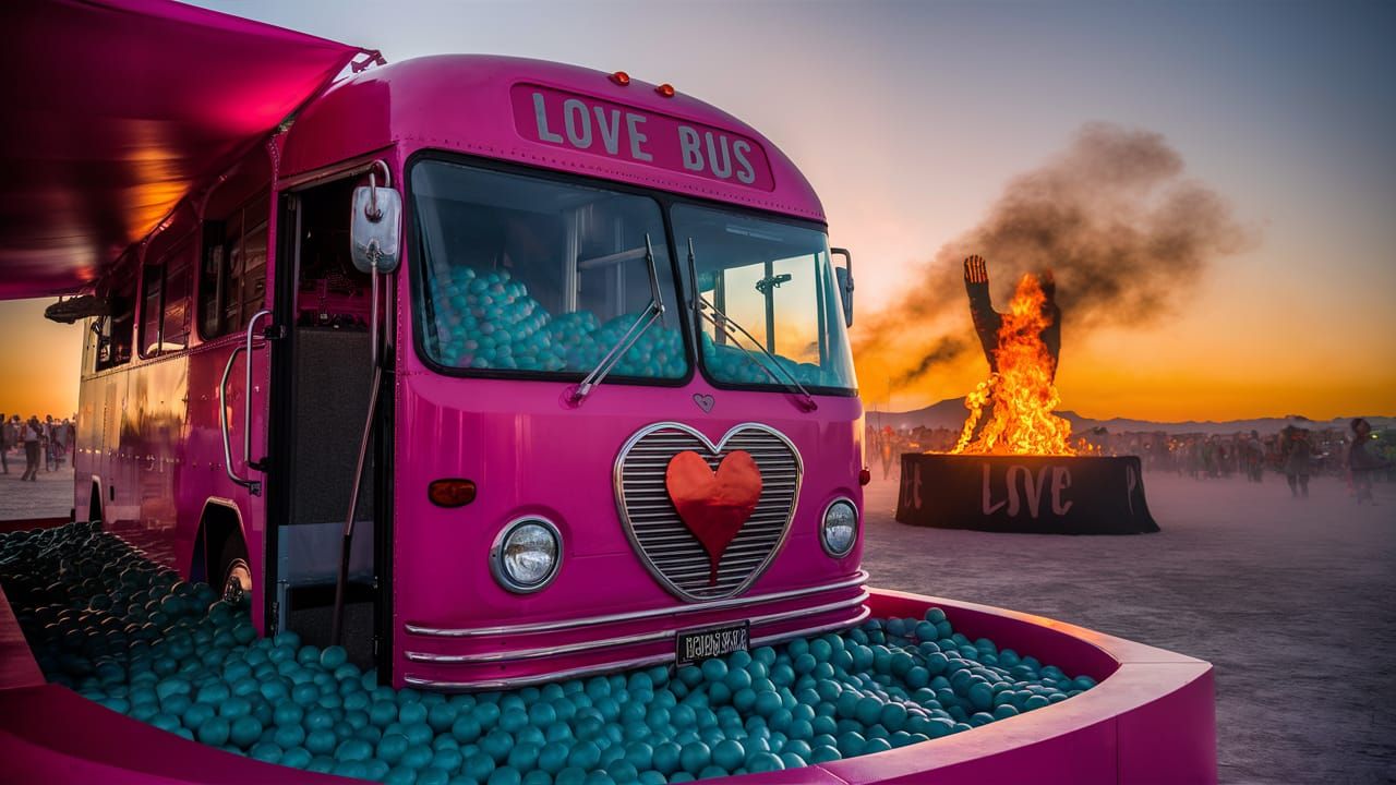 Pink Love Bus at Burning Man Sunset