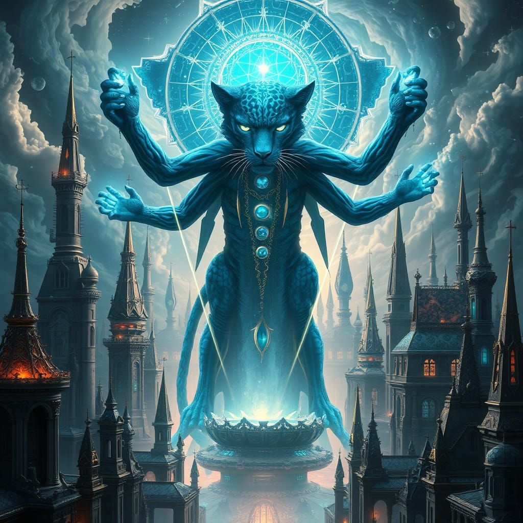 Blue Leopard Goddess in Mystical Steampunk Cityscape