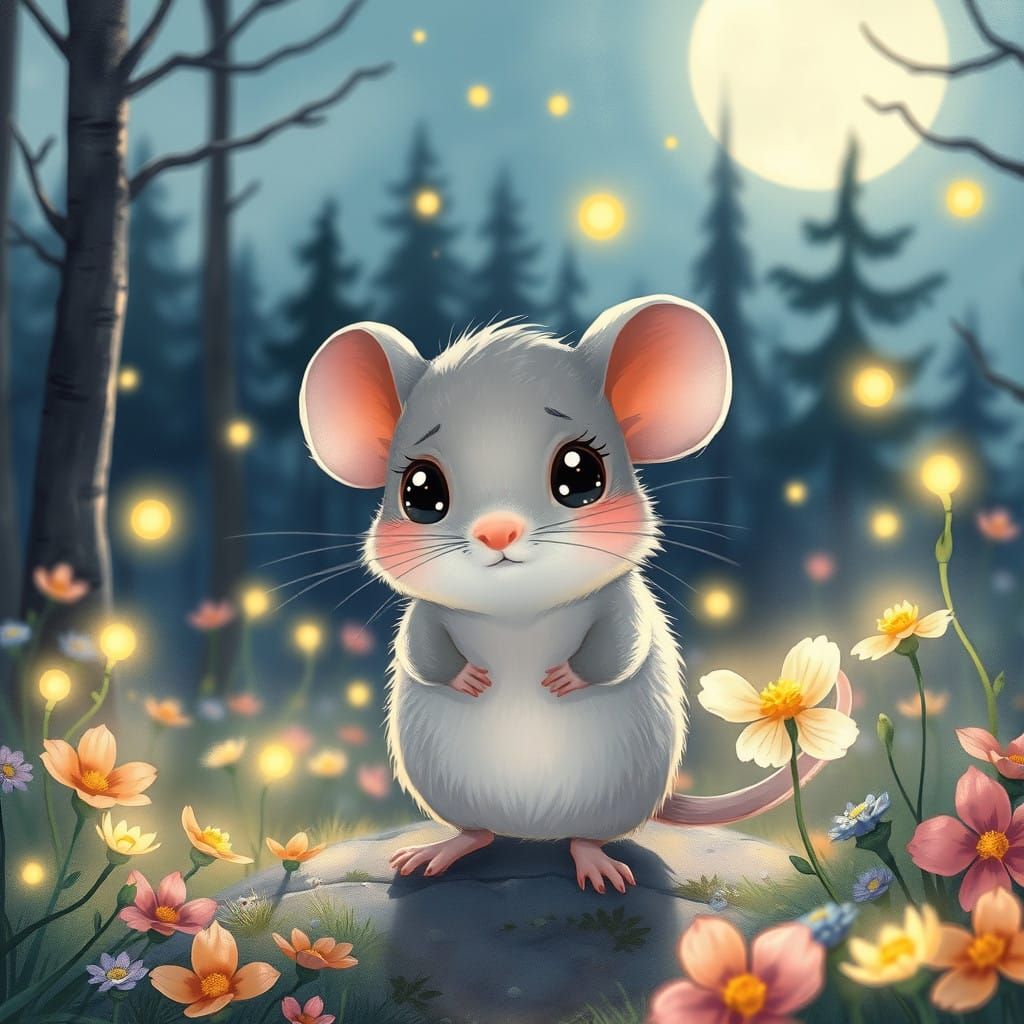 Adorable Grey Mouse in Whimsical Anime Watercolor Style