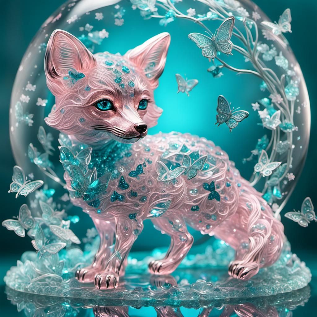 Luminous Crystal Fox Sculpture with Bioluminescent Butterfli...