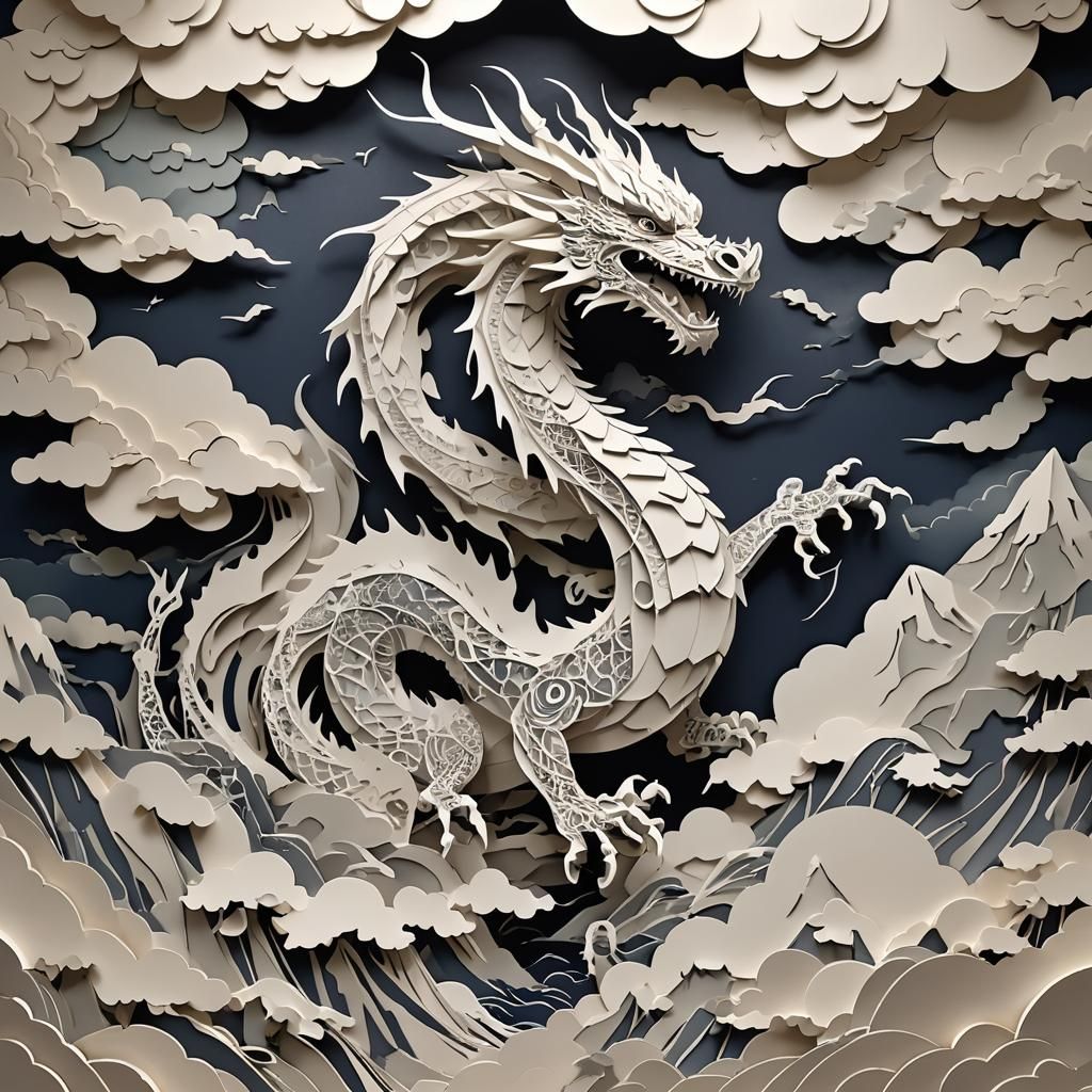Kirigami Dragon Weaving Through Storm Clouds