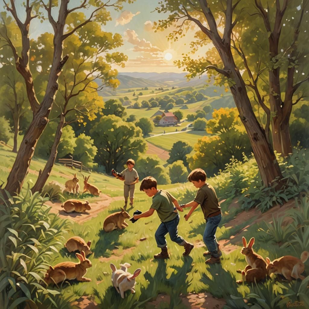 Nostalgic American Landscape Painting of Boys Playing