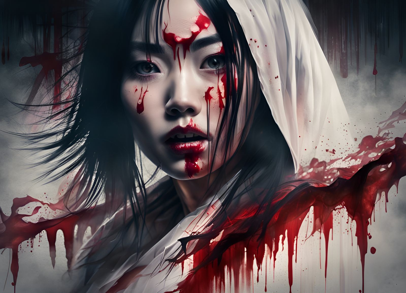 Scary Asian Woman Ghost Face Halloween Portrait