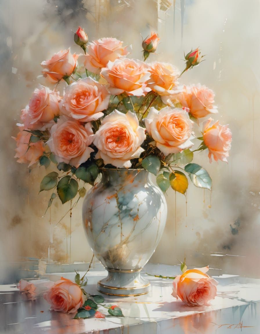 Peach Roses in Marble Vase: Watercolor Painting