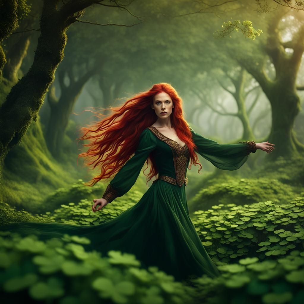Irish Woman Dancing in Shamrock Field: Fantasy Art