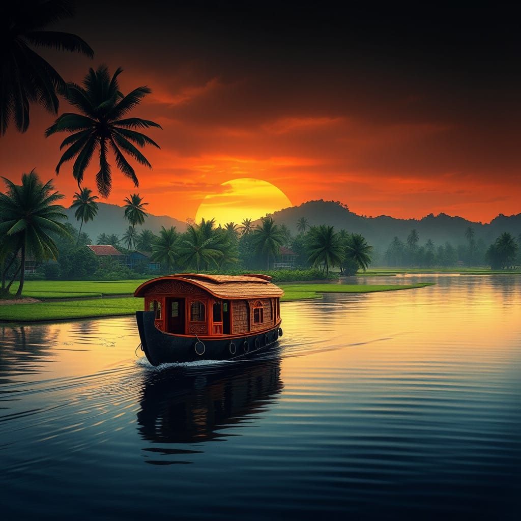 Serene Sunset in Kerala's Backwaters, Watercolor-Inspired Sc...