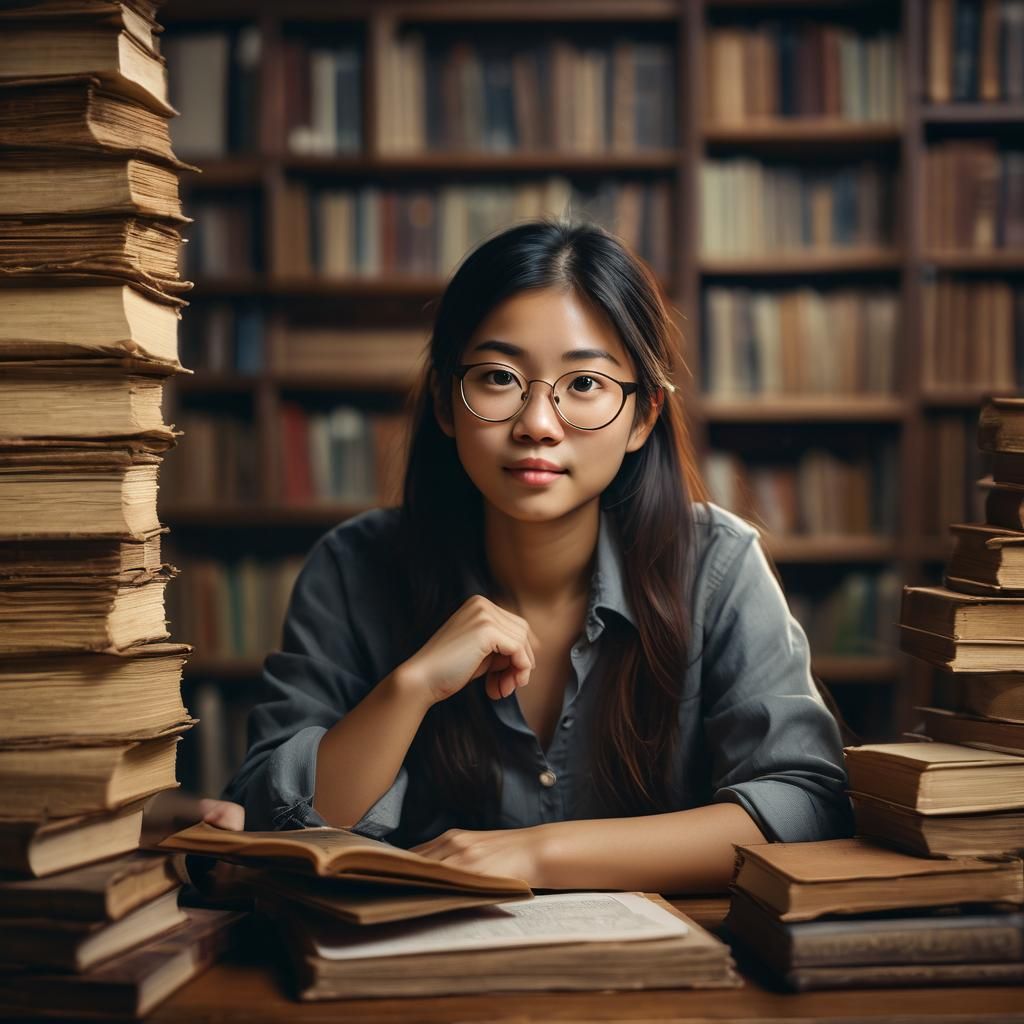 Elegant Portrait of Asian Author at Wooden Desk
