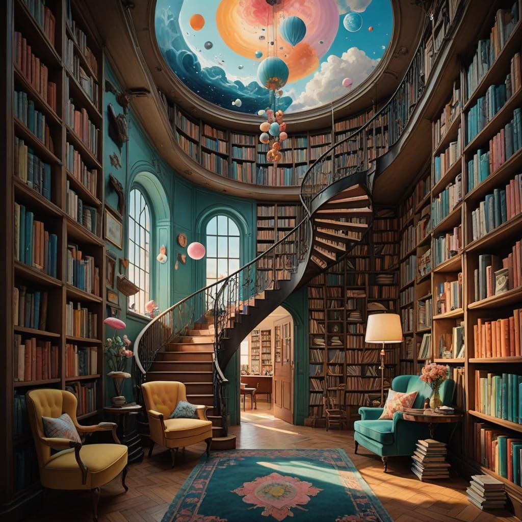 Dreamlike Library of Floating Books in Pastel Hues