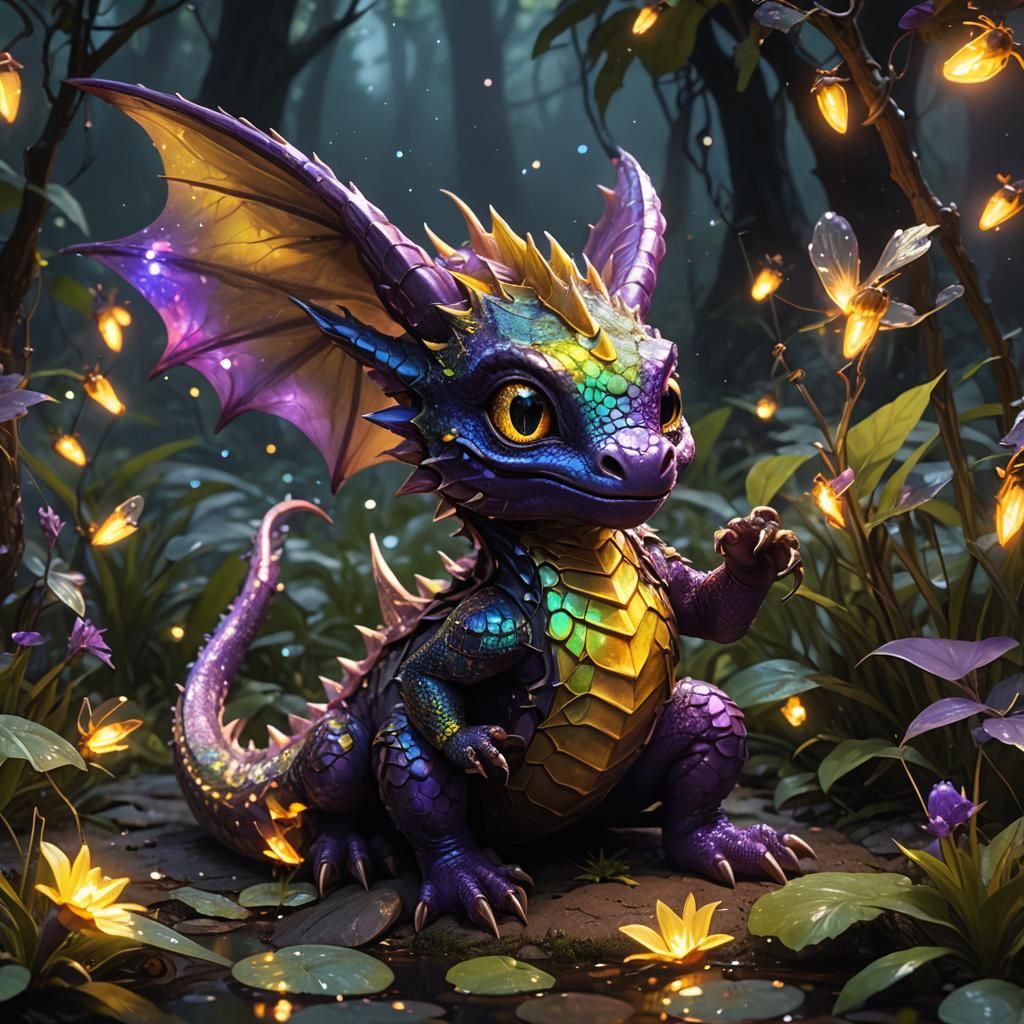 Iridescent Baby Dragon Hunting Fireflies, Dark Fantasy Art