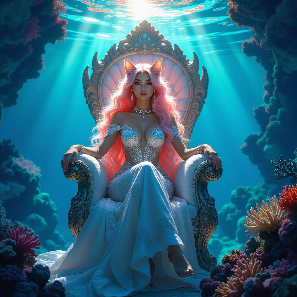 Majestic Cat-Woman Hybrid on Ornate Throne