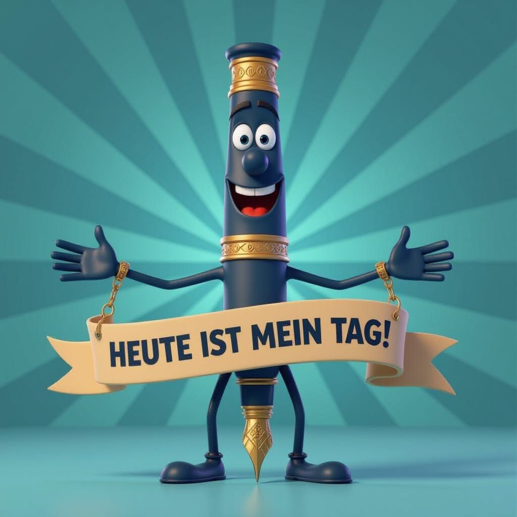 Smiling Fountain Pen Character Holds 'My Day' Banner in 3D A...