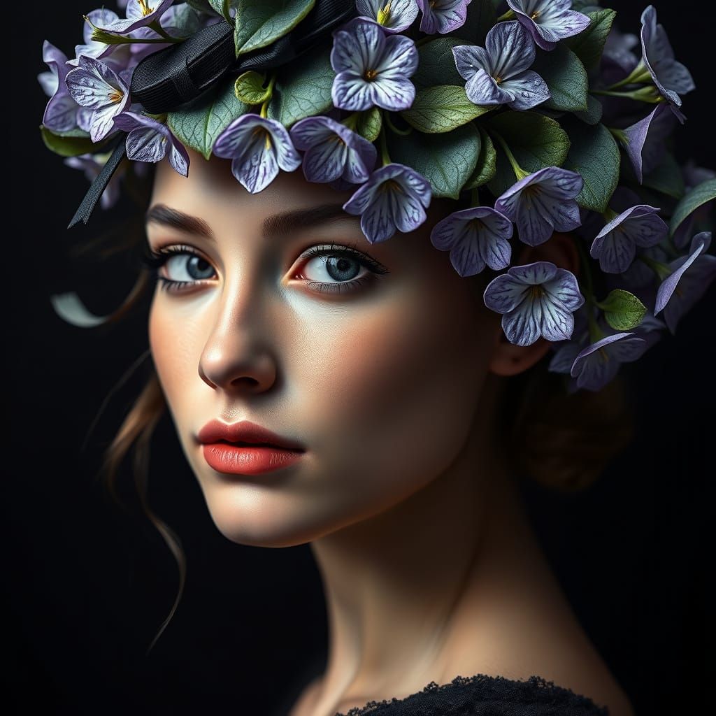 Young Woman Portrait with Violet Blossom Fascinator Hat