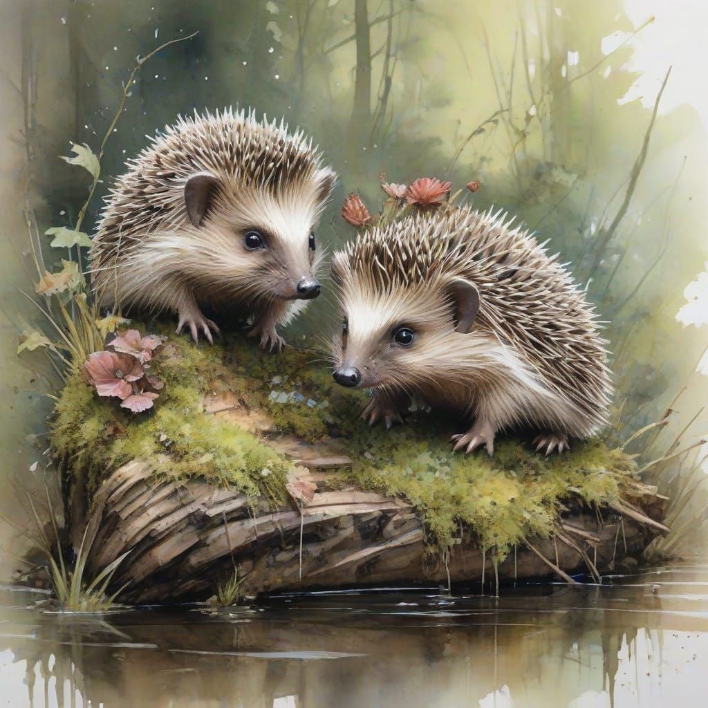 Whimsical Woodland Hedgehogs in Fine-Tuned Watercolour Style