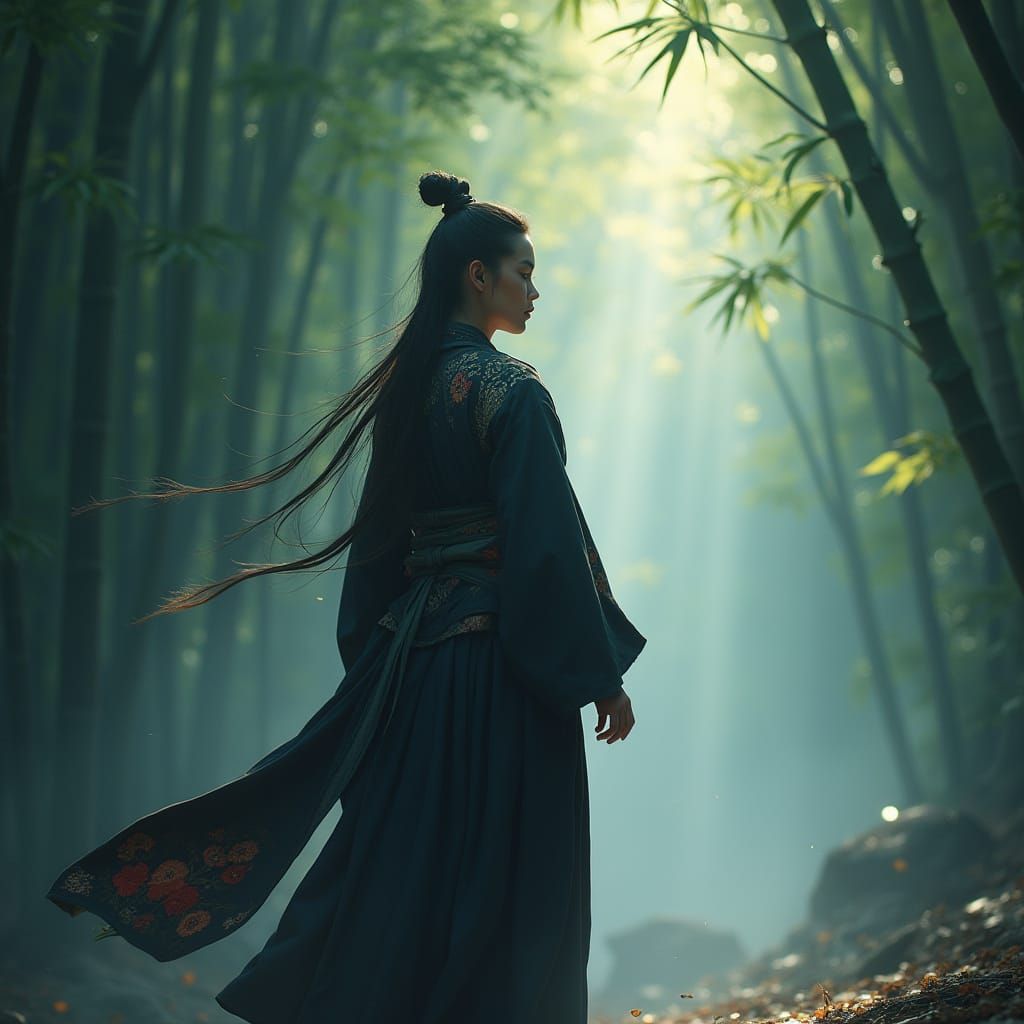 Martial Artist in Misty Bamboo Forest, Fantasy Art