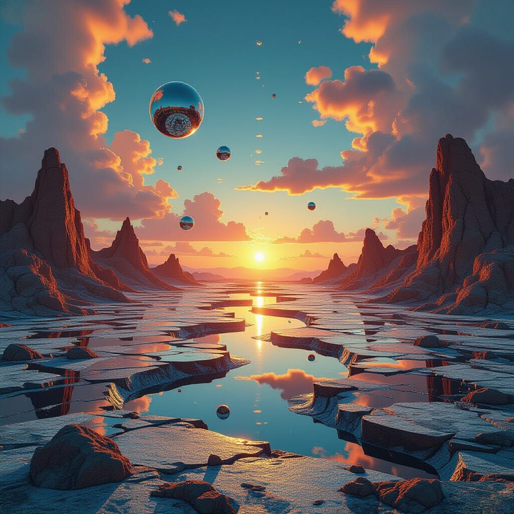 Surreal Evolving Landscape with Floating Elements and Distor...