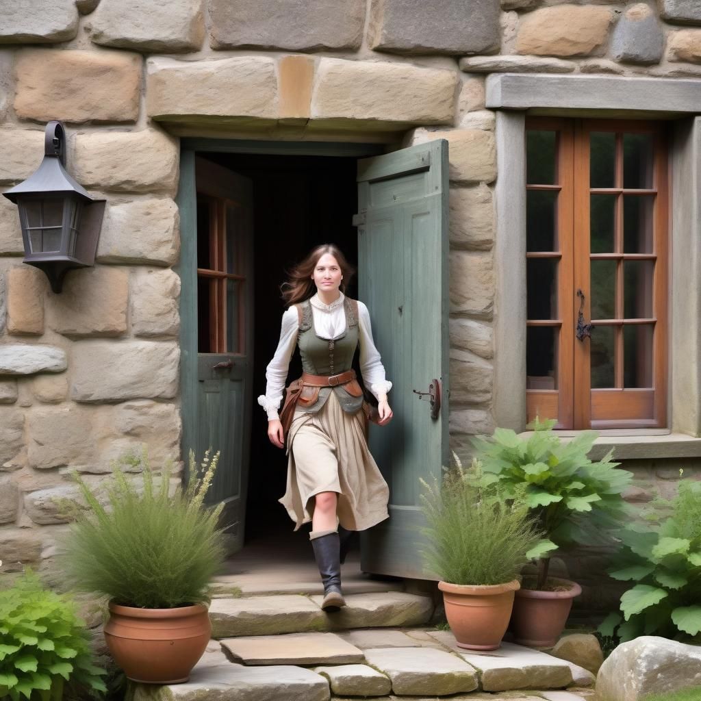 Adventurer Exiting 19th Century Stone House