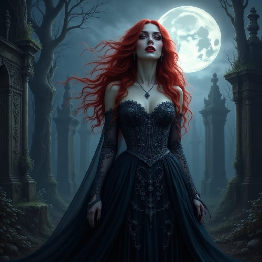 Gothic Vampire in Moonlit Graveyard