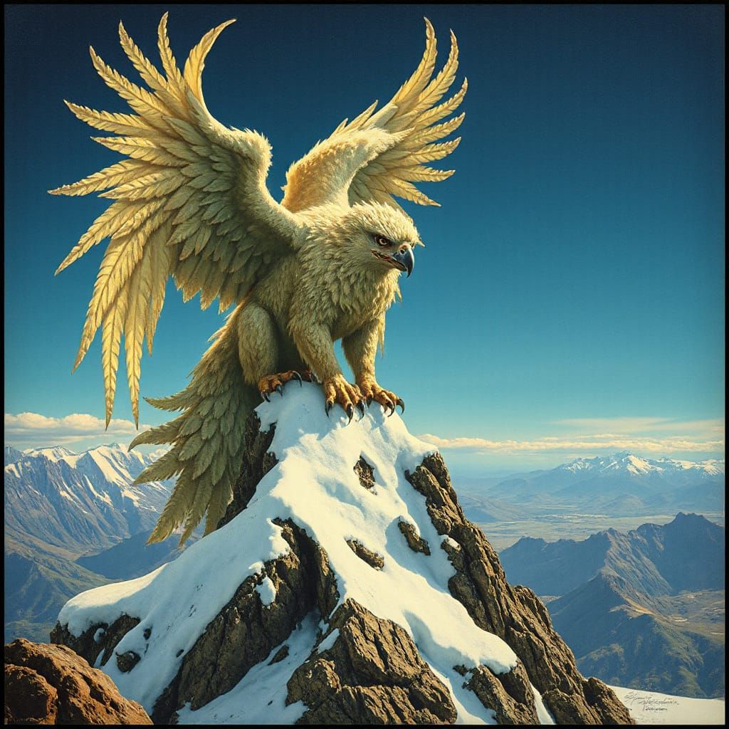 Griffin on Snowy Peak in Art Nouveau Style