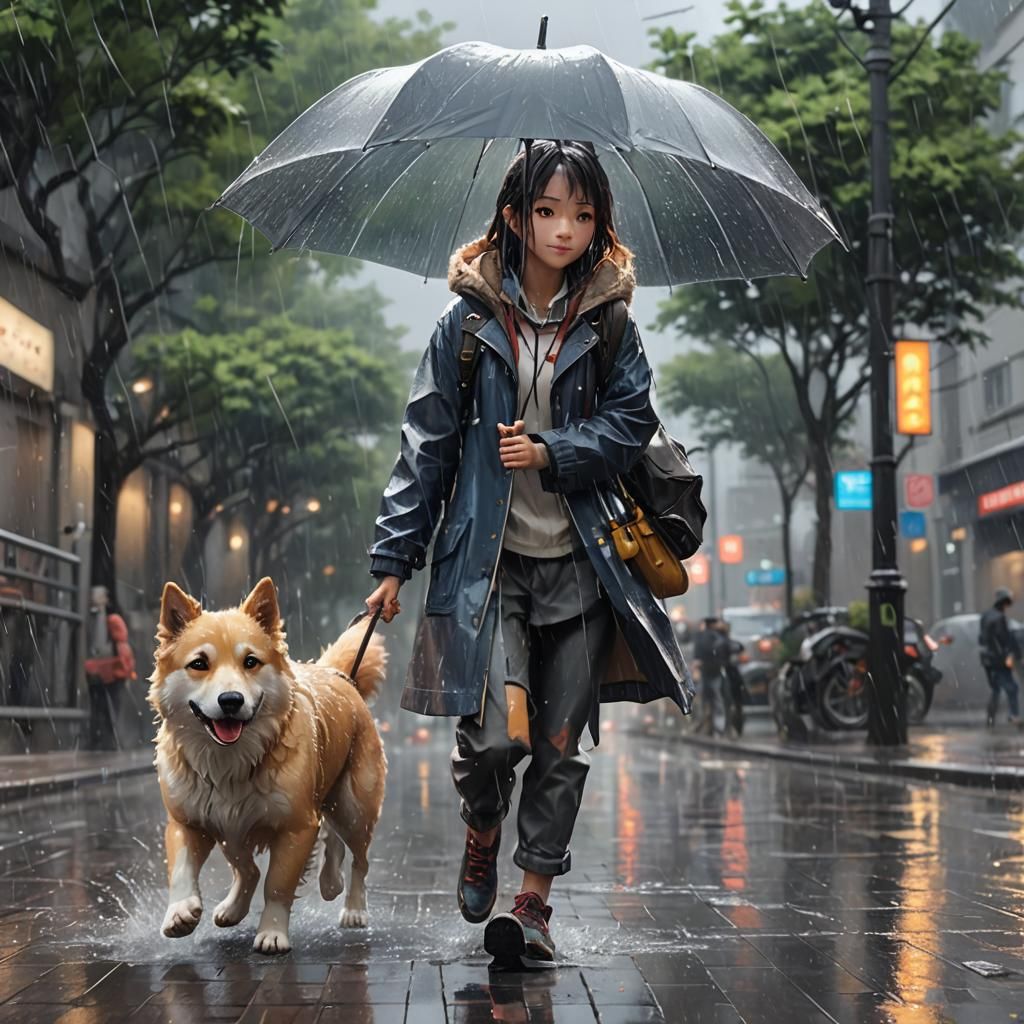 Cute Dog and Owner Play in Rainy Anime Art