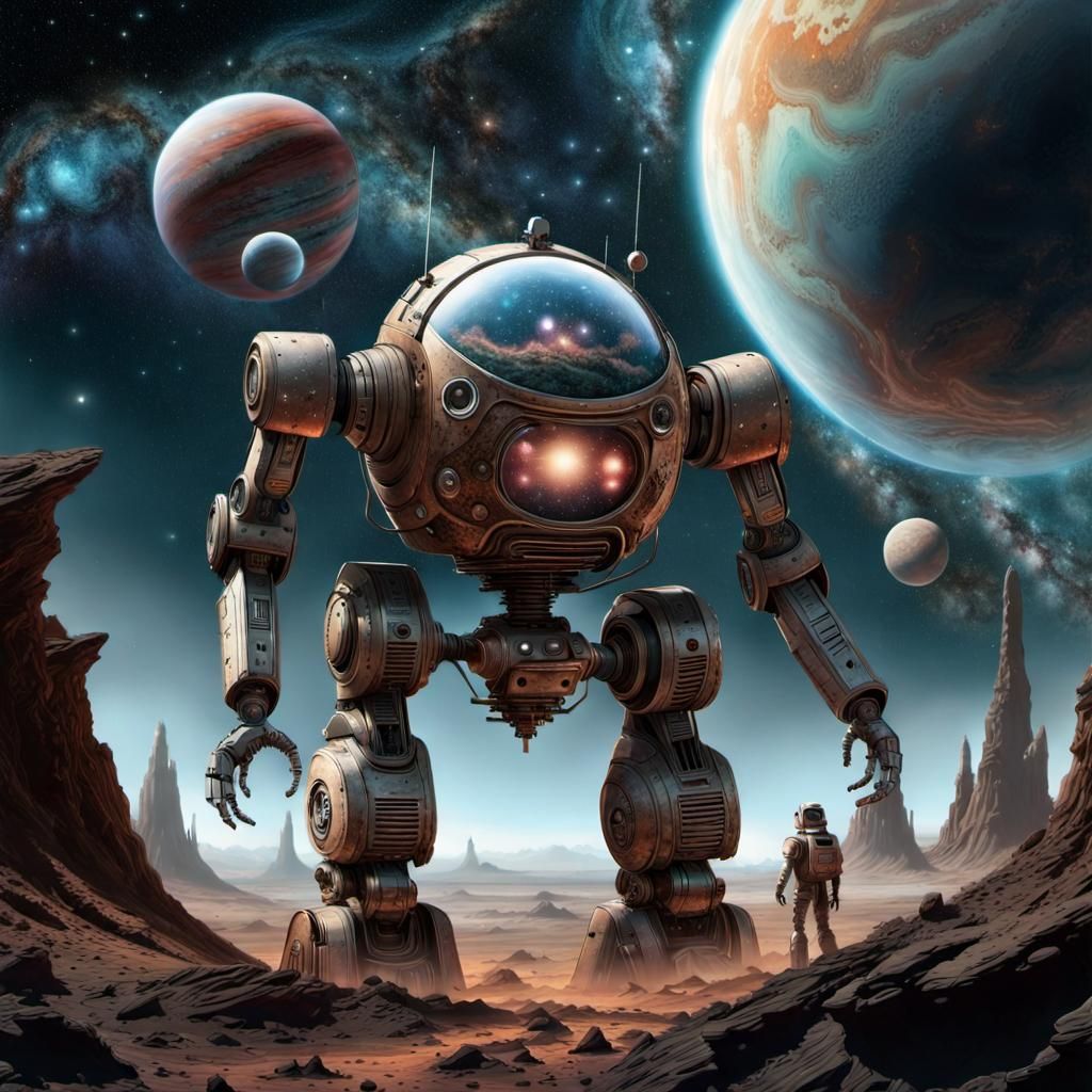 Robot Explorer on Alien Planet in Double Exposure