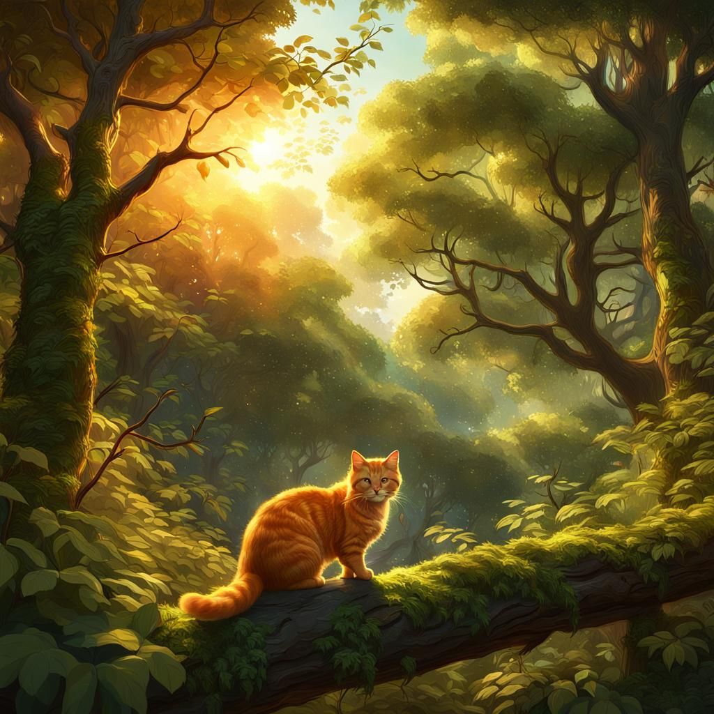 Orange Cat in Forest Sunset: Detailed Matte Painting