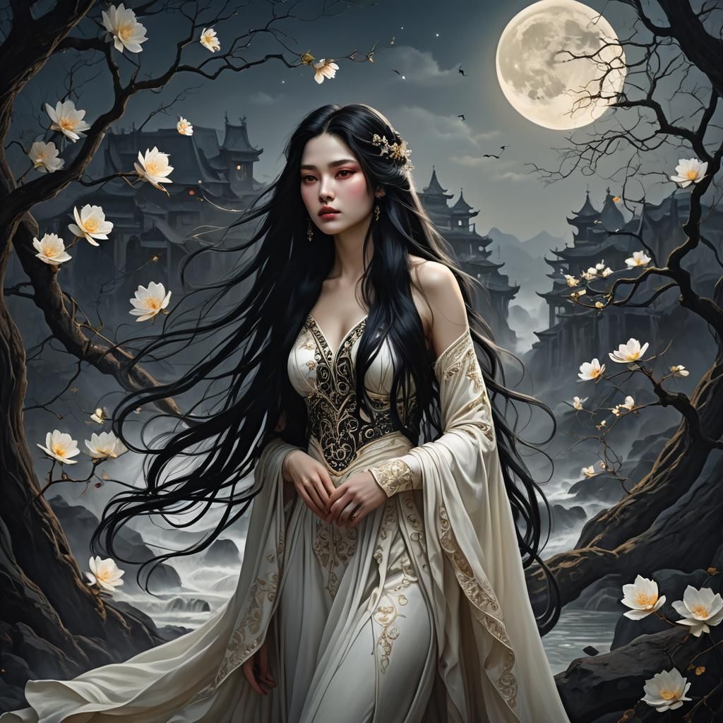 Ethereal Woman with Flowing Hair: Detailed Digital Painting