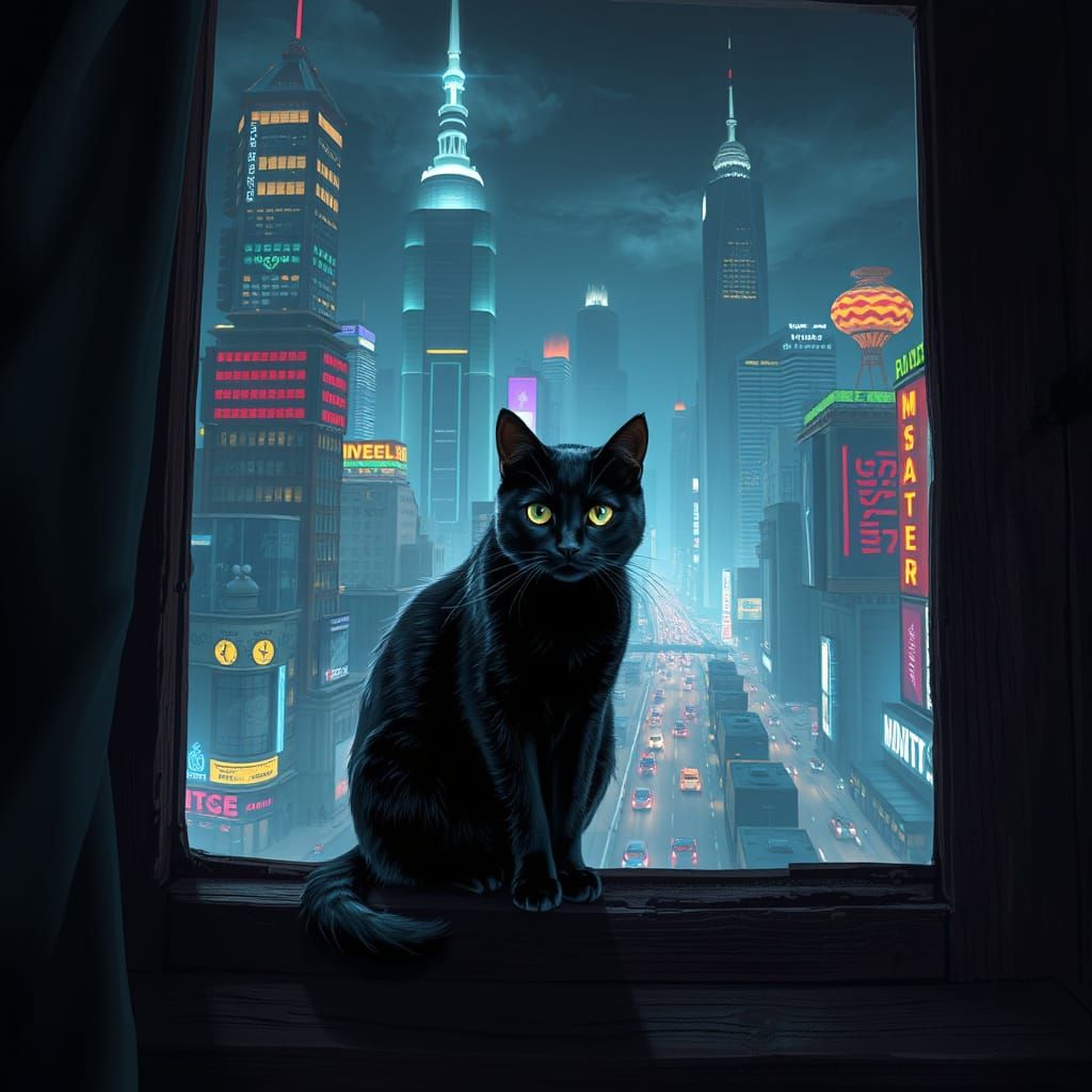 Sleek Cat Gazing Out at a Futuristic Cityscape in Dystopian ...