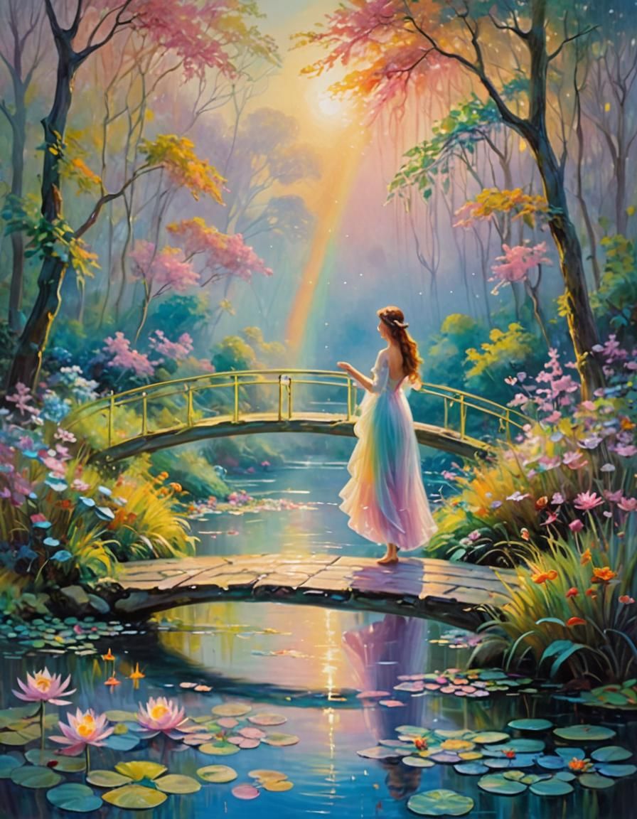 Nymphs Playing on Rainbow Bridge: Impressionist Oil Painting