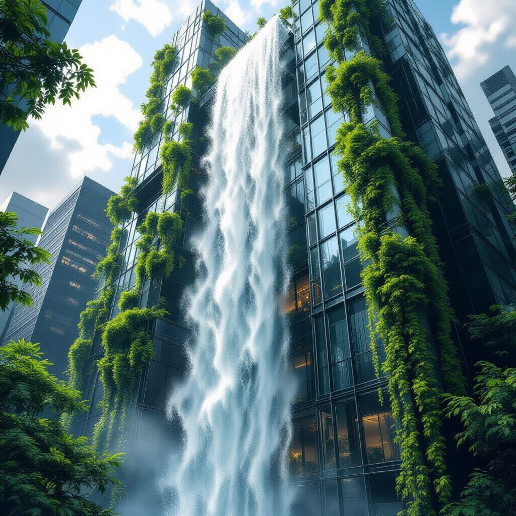 Waterfall Skyscraper: Hyper-Realistic Urban Nature