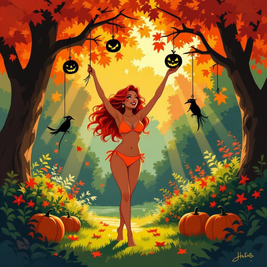 Redhaired Woman Decorates Garden for Halloween in Golden Hou...