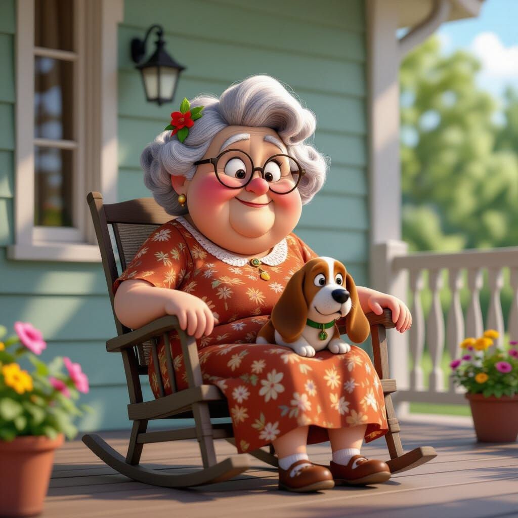 Funny Grandma and Basset Hound on Porch