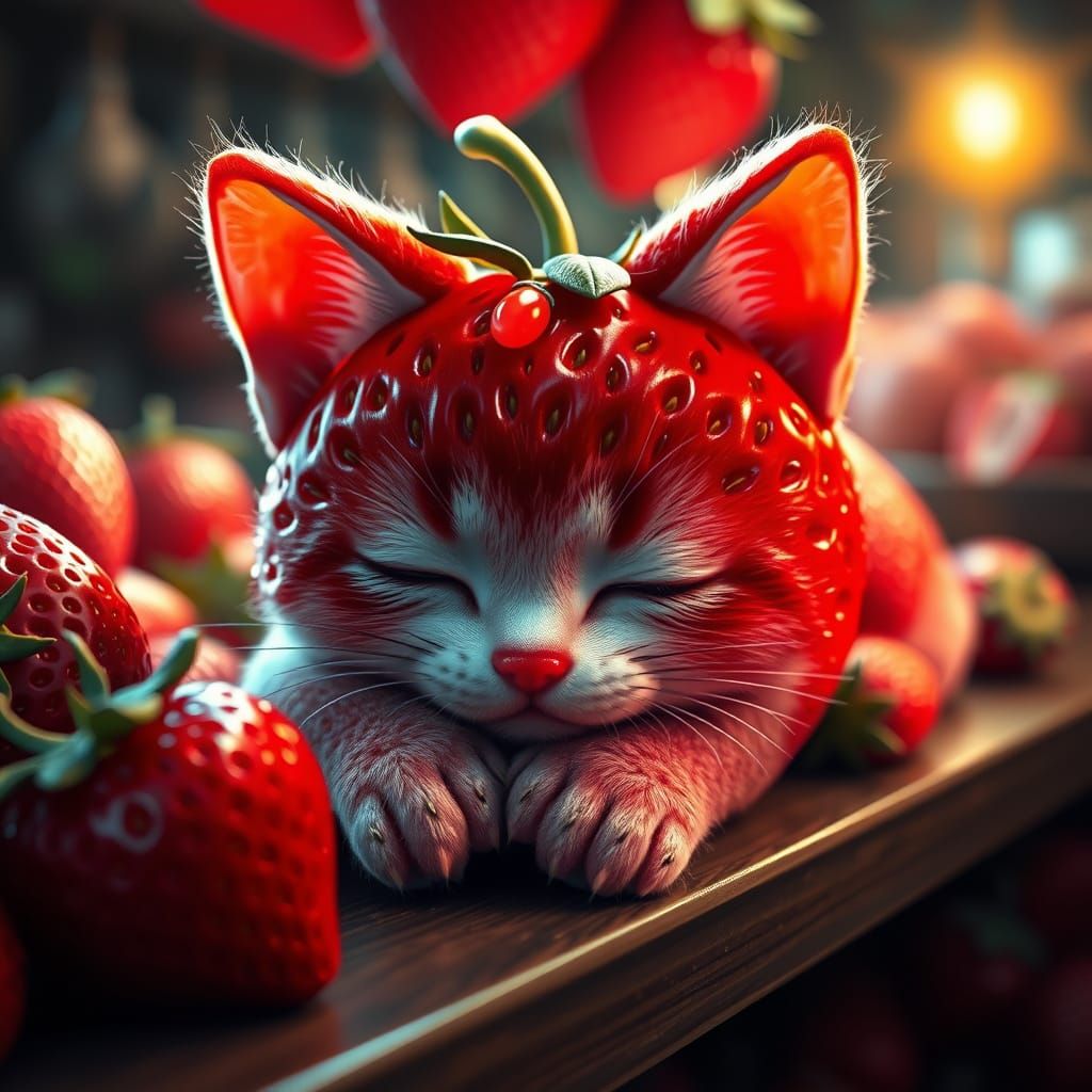Whimsical Strawberry Kitten on a Fruit Shop Shelf