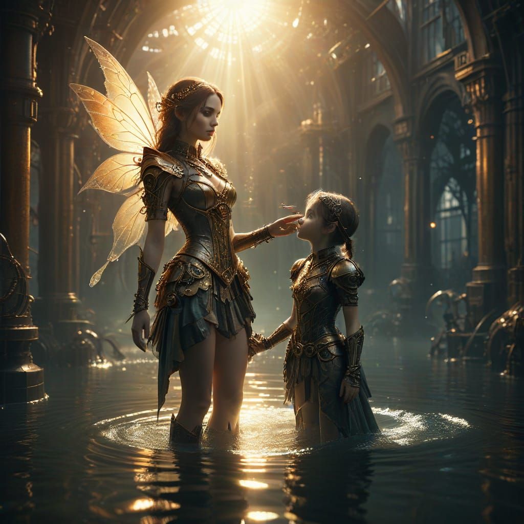 Steampunk Fairy and Elf in a Golden Water Scene