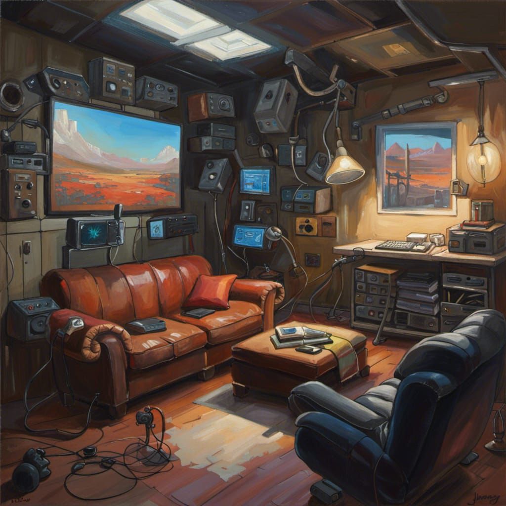 Cozy Futuristic Gamer Room in Oil Painting Style