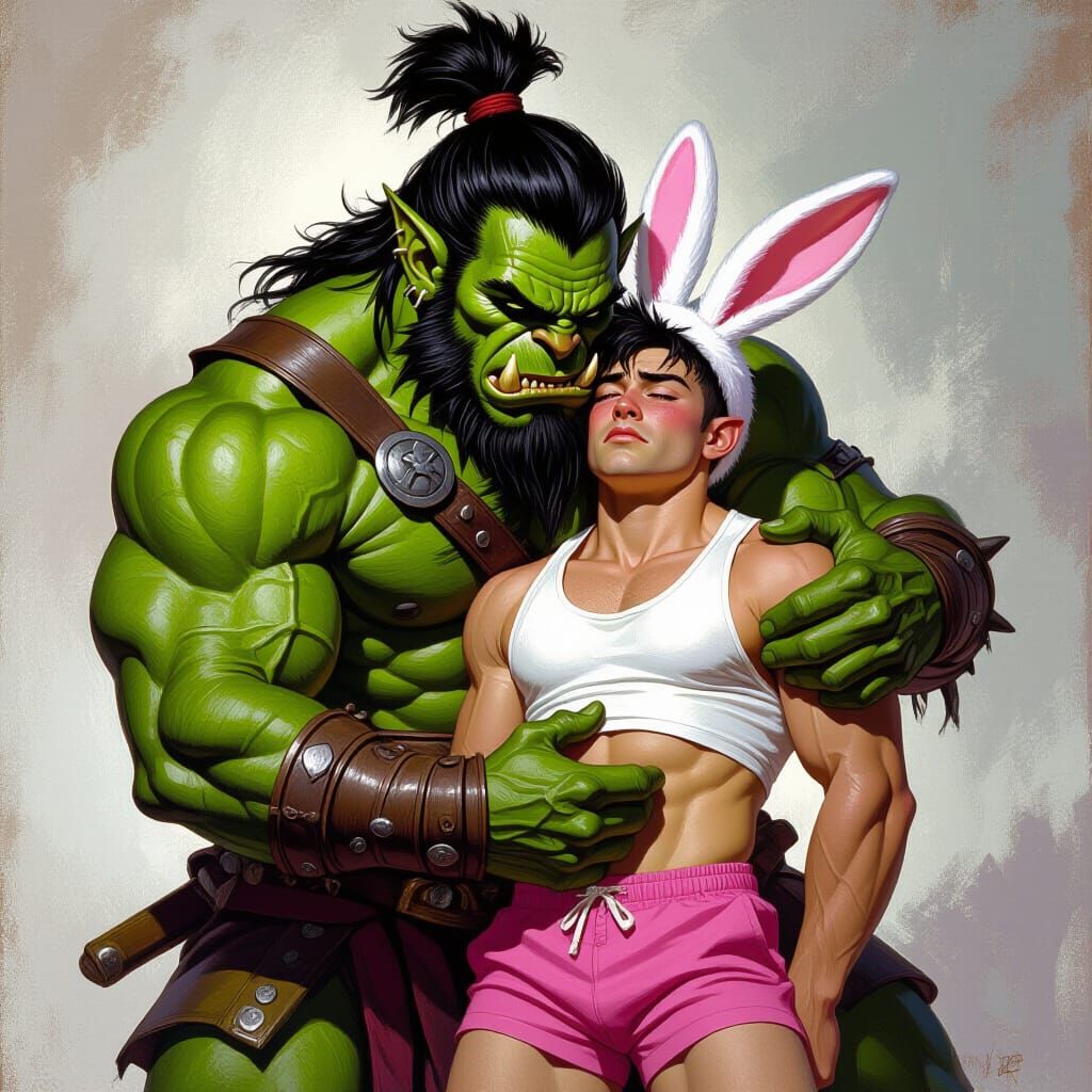 Fierce Orc Warrior Protects Terrified Man