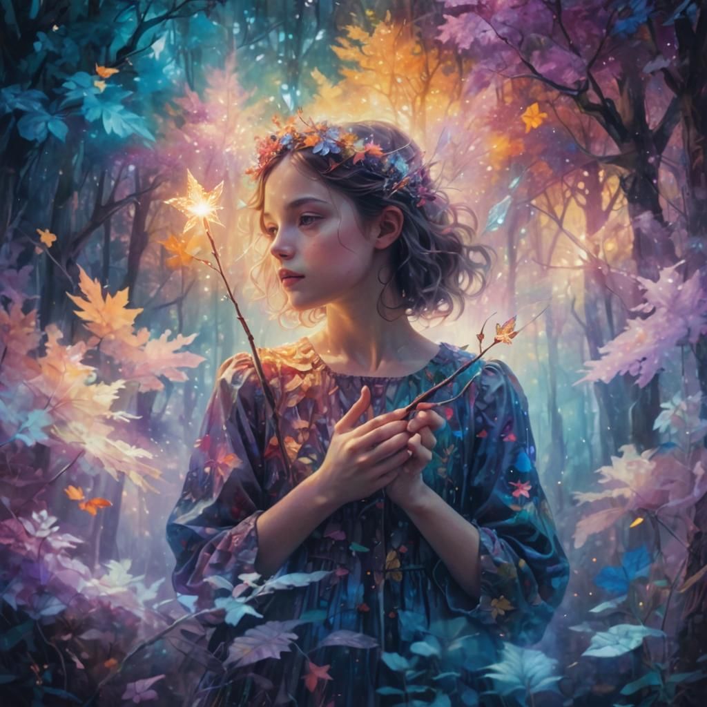 Surreal Girl in Forest: Vibrant Oil Painting